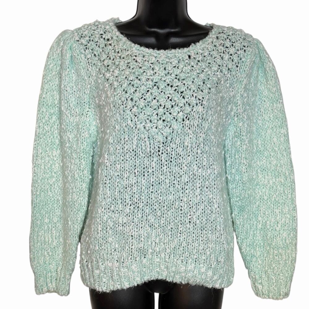 VTG 80s AQUA SWEATER CHUNKY POPCORN HAND KNIT PUFF SLEEVE RETRO JUST CRISTINA M